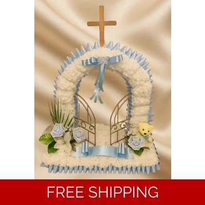 Child’s Gates of Heaven Tribute with Blue Accents and Teddy Bear